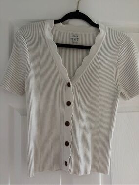 J. Crew Cream Ribbed Scallop-Trim Button Short Sleeve Cardigan